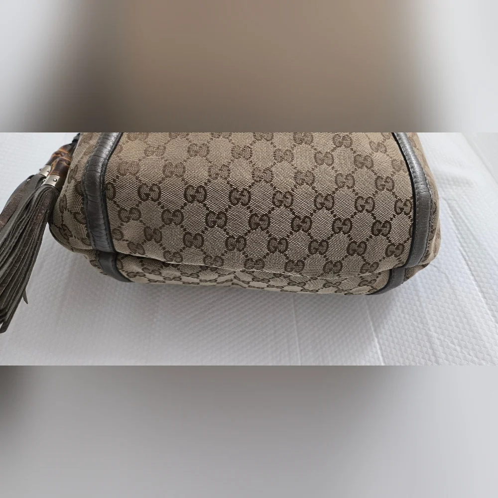 GUC Authentic Gucci GG Beige/ Gray Canvas Techno Horsebit Hobo Handbag - Picture 5 of 16